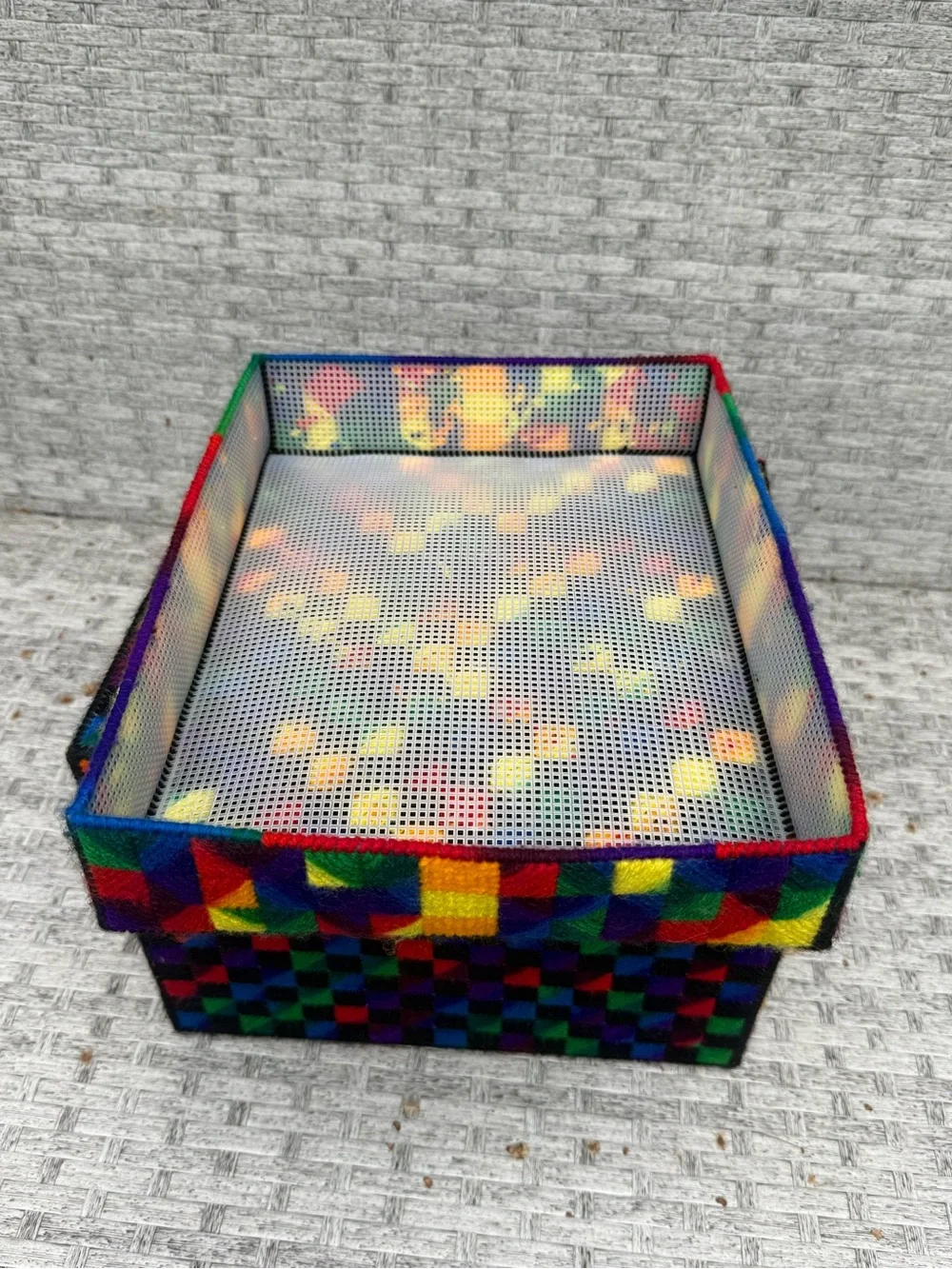 Vintage (>50 years) Handmade Rainbow Plastic Canvas Trinket Box Lid Chekerboard
